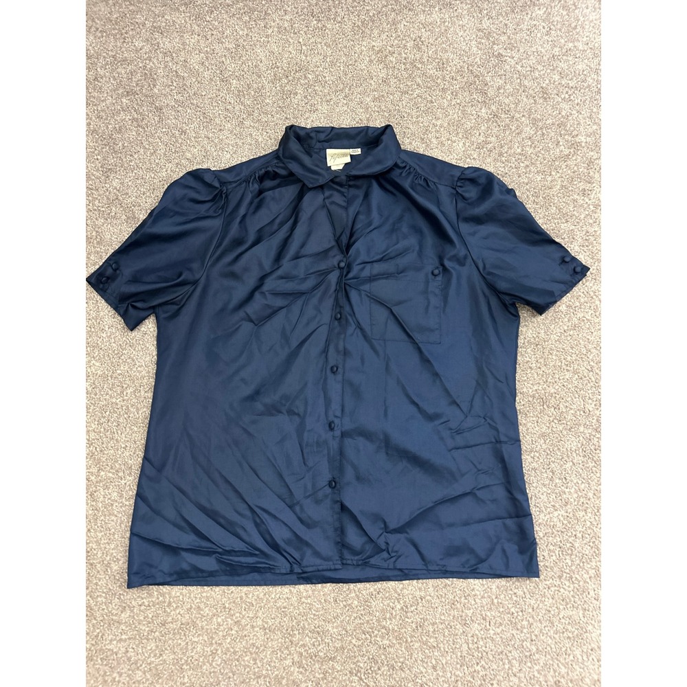 Lykette Blouse Women 16 Navy Blue Excellent Vintage Puff Sleeve Button Up Top
